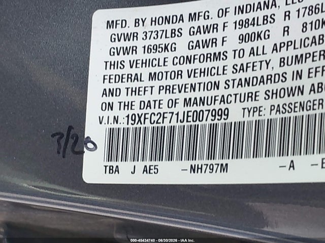 Auction sale of the 2018 Honda Civic Ex, vin: 19XFC2F71JE007999, lot number: 45434740