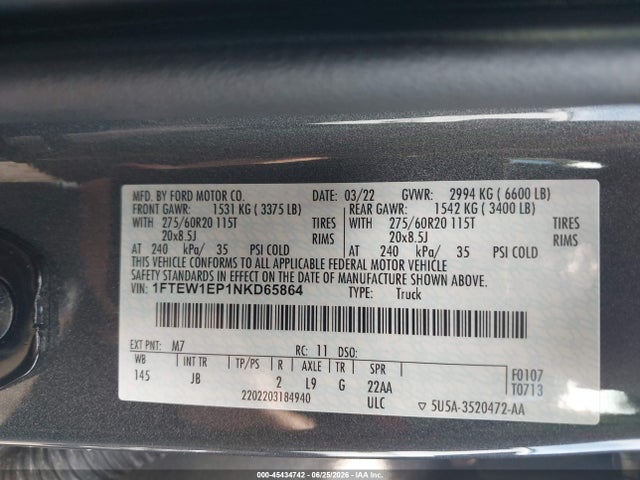 Aukcja sprzedaży 2022 Ford F-150 Xl, vin: 1FTEW1EP1NKD65864, numer aukcji: 45434742