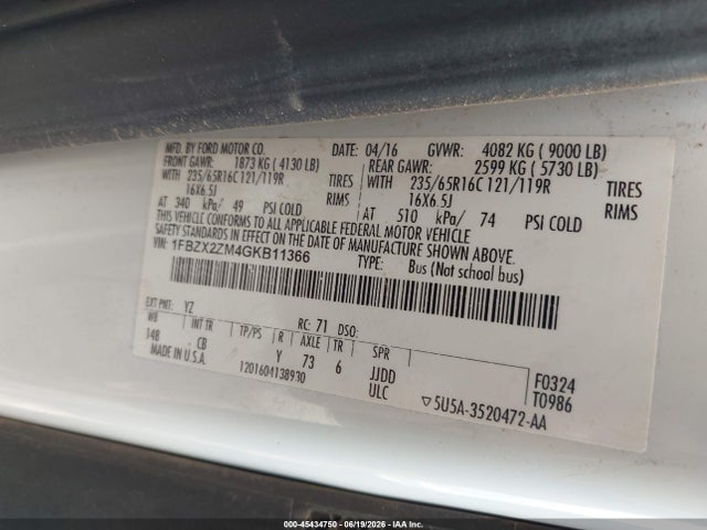 Aukcja sprzedaży 2016 Ford Transit-350 Xl/xlt, vin: 1FBZX2ZM4GKB11366, numer aukcji: 45434750