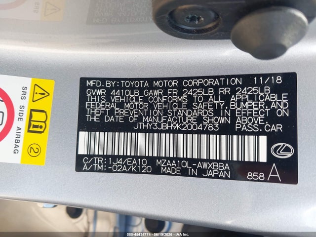 Aukcja sprzedaży 2019 Lexus Ux 200, vin: JTHY3JBH9K2004783, numer aukcji: 45434774