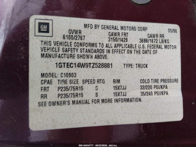 45434777 :رقم المزاد ، 1GTEC14W9TZ528881 vin ، 1996 Gmc Sierra C1500 مزاد بيع