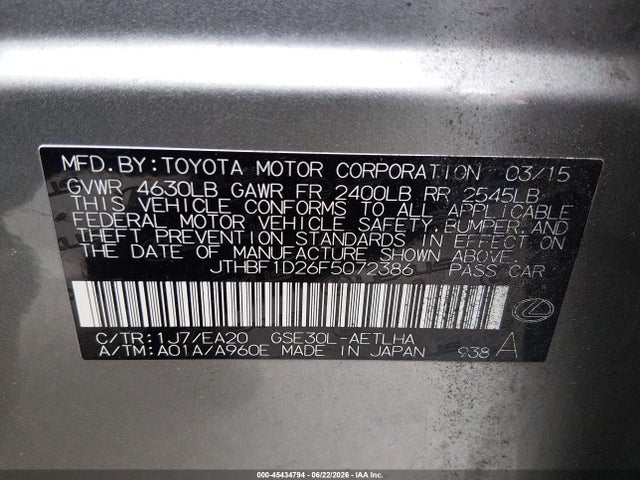 Продаж на аукціоні авто 2015 Lexus Is 250, vin: JTHBF1D26F5072386, номер лоту: 45434794