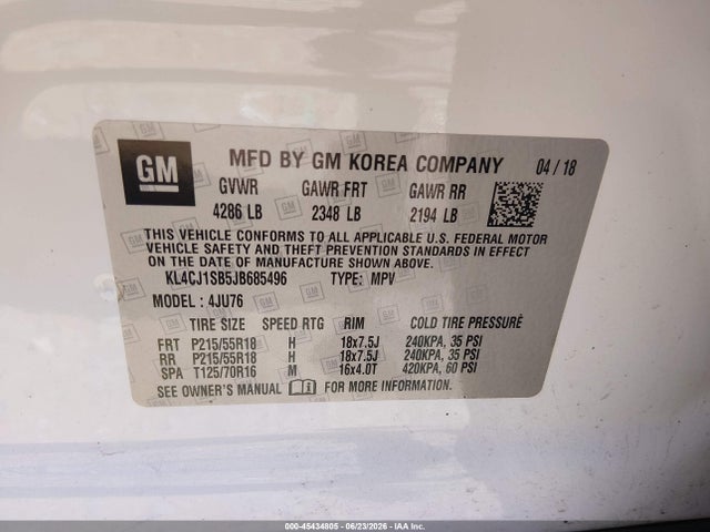 Aukcja sprzedaży 2018 Buick Encore Sport Touring, vin: KL4CJ1SB5JB685496, numer aukcji: 45434805