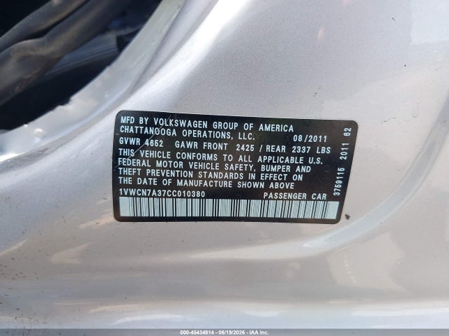 Aukcja sprzedaży 2012 Volkswagen Passat 2.0l Tdi Sel Premium, vin: 1VWCN7A37CC010380, numer aukcji: 45434814