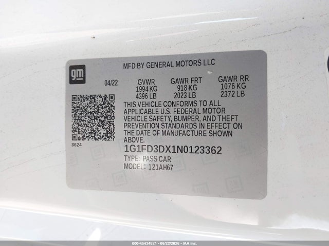 1G1FD3DX1N0123362 Chevrolet Camaro Rwd 3lt