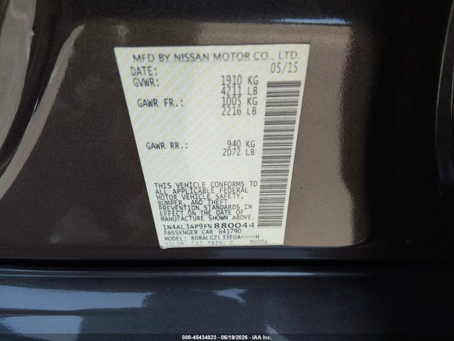 2015 Nissan Altima 2.5 S მანქანა იყიდება აუქციონზე, vin: 1N4AL3AP9FN880044, აუქციონის ნომერი: 45434823