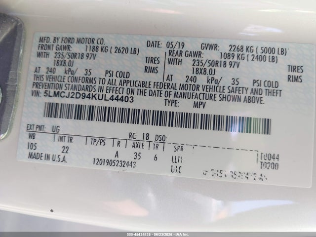 2019 Lincoln Mkc Select მანქანა იყიდება აუქციონზე, vin: 5LMCJ2D94KUL44403, აუქციონის ნომერი: 45434836