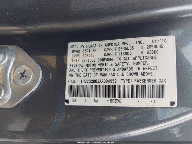 2010 Honda Accord 3.5 Ex-l მანქანა იყიდება აუქციონზე, vin: 1HGCS2B83AA004952, აუქციონის ნომერი: 45434837