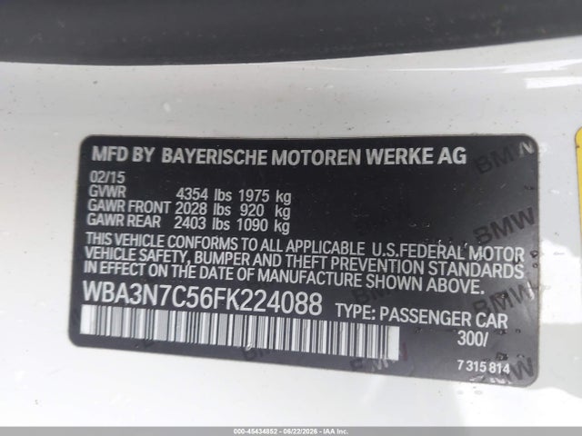 45434852 :رقم المزاد ، WBA3N7C56FK224088 vin ، 2015 Bmw 428i مزاد بيع