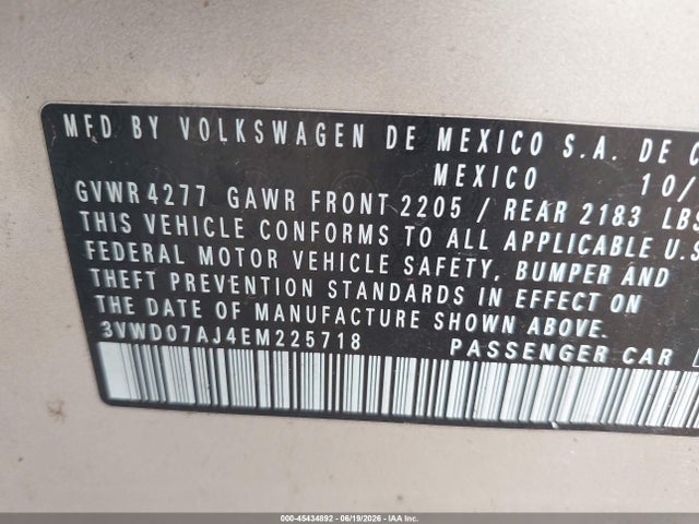 45434892 :رقم المزاد ، 3VWD07AJ4EM225718 vin ، 2014 Volkswagen Jetta 1.8t Se مزاد بيع