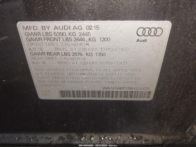 Aukcja sprzedaży 2015 Audi Q5 2.0t Premium, vin: WA1LFAFP1FA101826, numer aukcji: 45434898