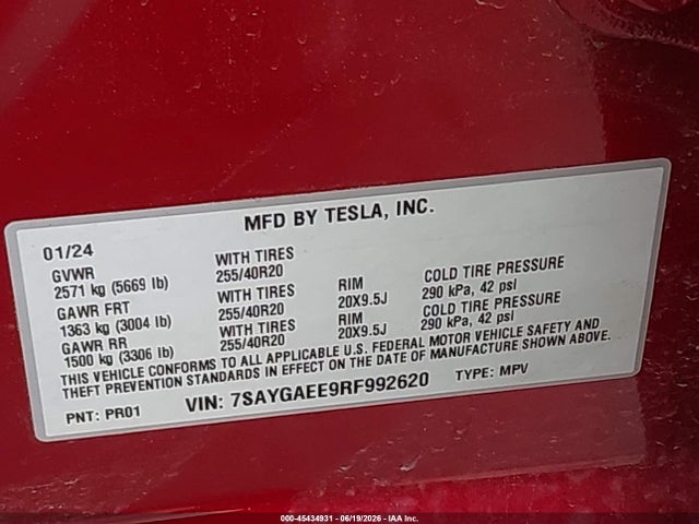 Aukcja sprzedaży 2024 Tesla Model Y Long Range Dual Motor All-wheel Drive, vin: 7SAYGAEE9RF992620, numer aukcji: 45434931