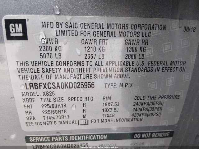 45434936 :رقم المزاد ، LRBFXCSA0KD025956 vin ، 2019 Buick Envision Fwd Essence مزاد بيع