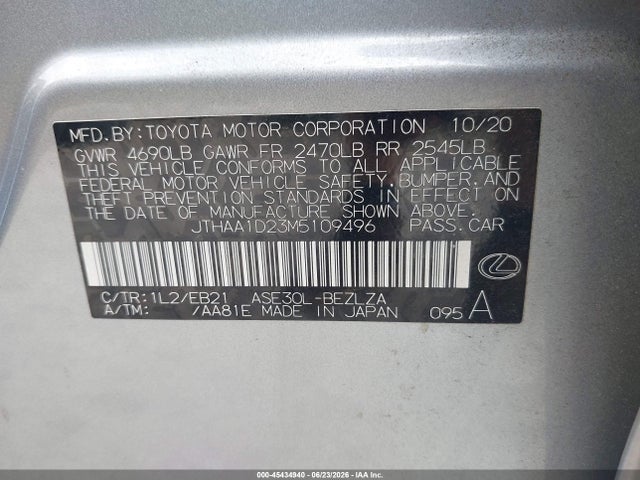 Продаж на аукціоні авто 2021 Lexus Is 300, vin: JTHAA1D23M5109496, номер лоту: 45434940