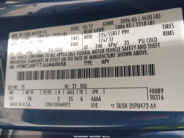 1FMCU0F77JUA60658 Ford ESCAPE S