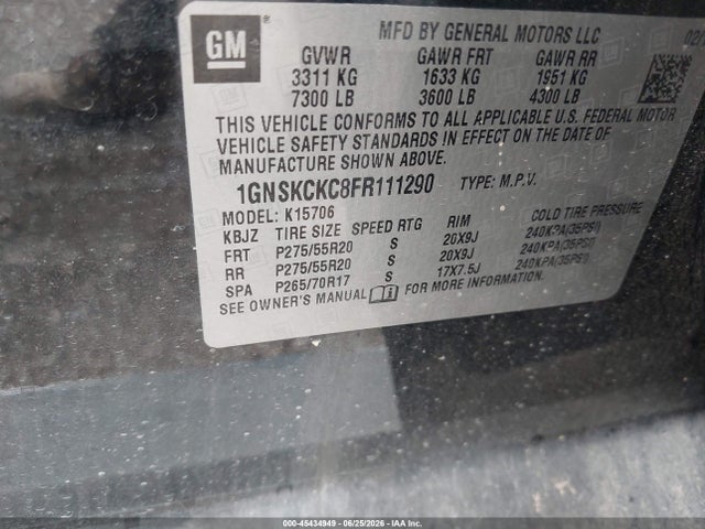 Продаж на аукціоні авто 2015 Chevrolet Tahoe Ltz, vin: 1GNSKCKC8FR111290, номер лоту: 45434949