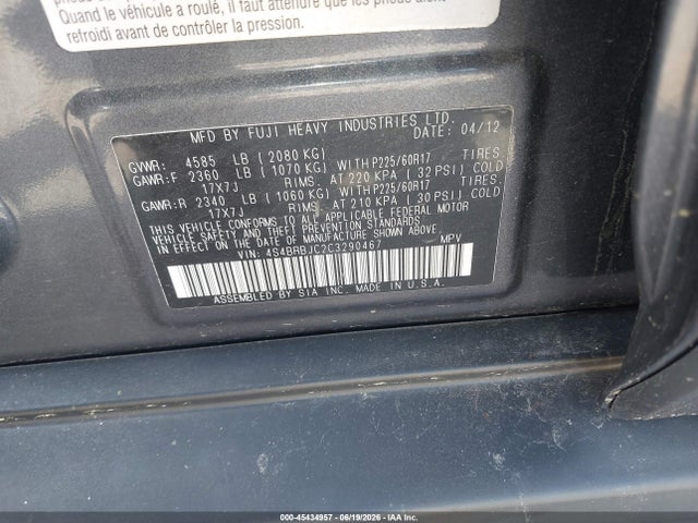 Aukcja sprzedaży 2012 Subaru Outback 2.5i Limited, vin: 4S4BRBJC2C3290467, numer aukcji: 45434957