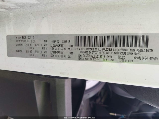 Продаж на аукціоні авто 2020 Ram Promaster 2500 High Roof 159 Wb, vin: 3C6TRVDG5LE119110, номер лоту: 45434958