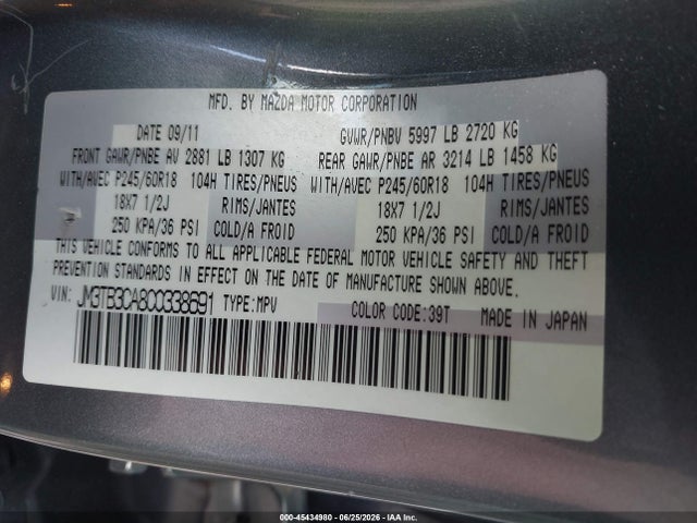 45434980 :رقم المزاد ، JM3TB3CA8C0338691 vin ، 2012 Mazda Cx-9 Touring مزاد بيع