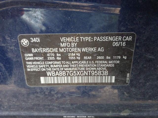 Aukcja sprzedaży 2016 Bmw 340i Xdrive, vin: WBA8B7G5XGNT95838, numer aukcji: 45434982