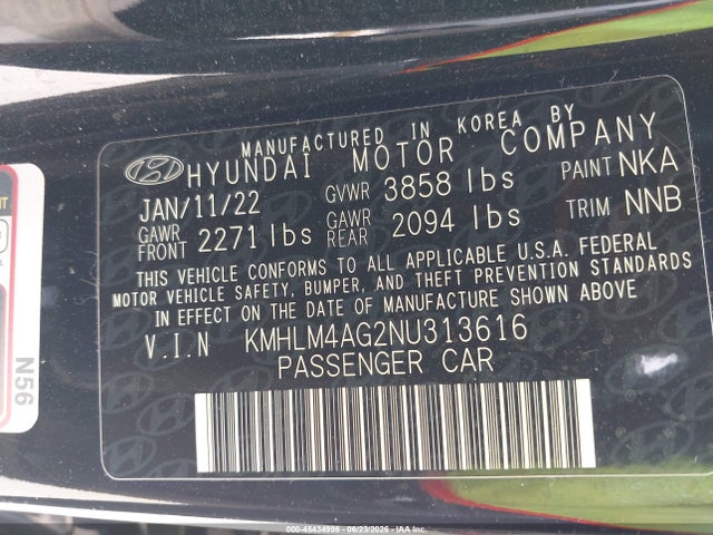 Aukcja sprzedaży 2022 Hyundai Elantra Sel, vin: KMHLM4AG2NU313616, numer aukcji: 45434996