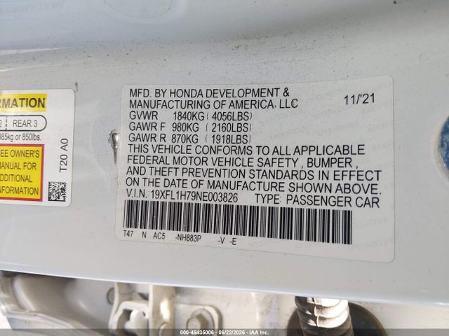 19XFL1H79NE003826 Honda Civic Ex-l