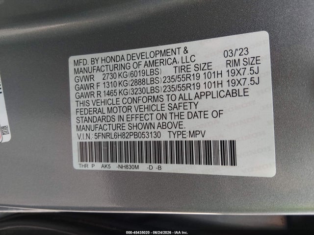 Aukcja sprzedaży 2023 Honda Odyssey Touring, vin: 5FNRL6H82PB053130, numer aukcji: 45435020