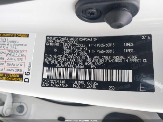 Aukcja sprzedaży 2017 Lexus Gx 460, vin: JTJBM7FX4H5161666, numer aukcji: 45435025
