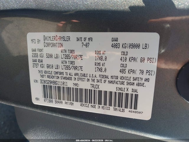Продажа на аукционе авто 2008 Dodge Ram 2500 Laramie, vin: 3D3KS29A98G111011, номер лота: 45435034