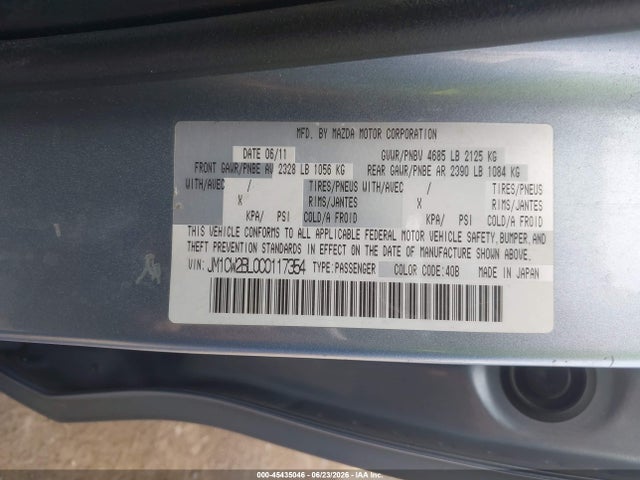 45435046 :رقم المزاد ، JM1CW2BL0C0117354 vin ، 2012 Mazda Mazda5 Sport مزاد بيع