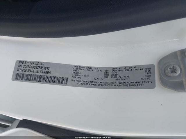 45435048 :رقم المزاد ، 2C4RC1BG3SR553913 vin ، 2025 Chrysler Pacifica Select مزاد بيع
