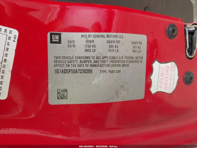 Продажа на аукционе авто 2010 Chevrolet Cobalt Lt, vin: 1G1AD5F50A7230289, номер лота: 45435057