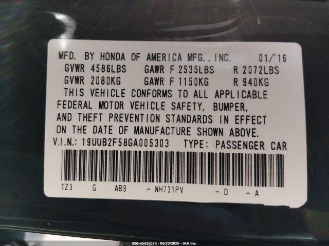 45435074 :رقم المزاد ، 19UUB2F58GA005303 vin ، 2016 Acura Tlx V6 Tech مزاد بيع