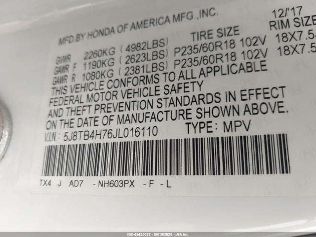 45435077 :رقم المزاد ، 5J8TB4H76JL016110 vin ، 2018 Acura Rdx Advance Package مزاد بيع
