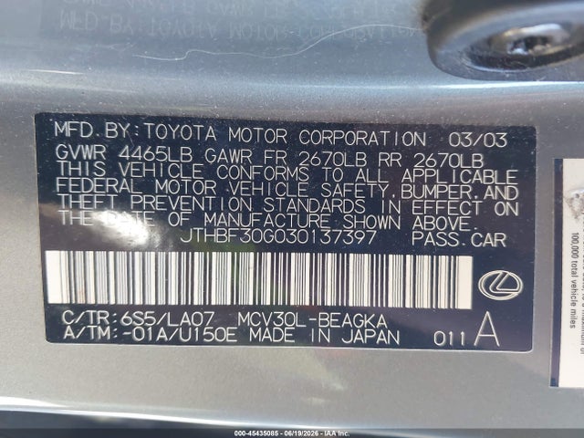 Aukcja sprzedaży 2003 Lexus Es 300, vin: JTHBF30G030137397, numer aukcji: 45435085
