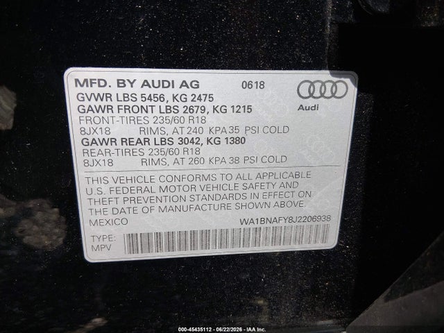 Aukcja sprzedaży 2018 Audi Q5 2.0t Premium/2.0t Tech Premium, vin: WA1BNAFY8J2206938, numer aukcji: 45435112