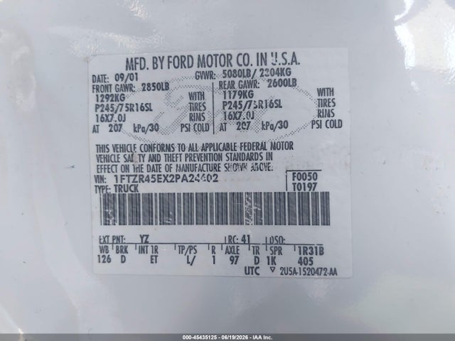 Auction sale of the 2002 Ford Ranger Edge/xlt, vin: 1FTZR45EX2PA24602, lot number: 45435125