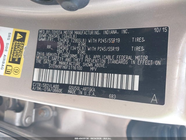 Toyota Highlander Limited V6 2015 5TDYKRFH6FS116100 Image 9