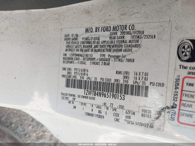 Aukcja sprzedaży 2006 Ford Mustang V6, vin: 1ZVFT84N965190153, numer aukcji: 45435150