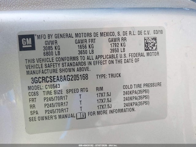 45435182 :رقم المزاد ، 3GCRCSEA8AG205168 vin ، 2010 Chevrolet Silverado 1500 Lt مزاد بيع