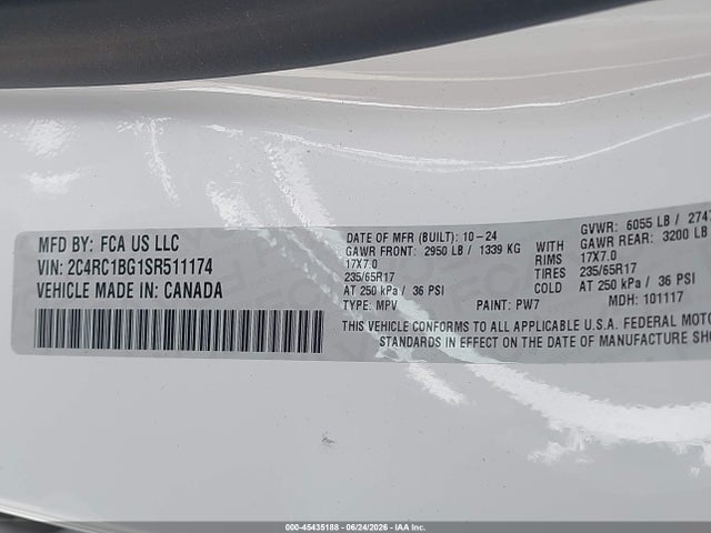 Aukcja sprzedaży 2025 Chrysler Pacifica Select, vin: 2C4RC1BG1SR511174, numer aukcji: 45435188