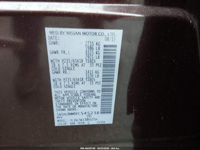 Продажа на аукционе авто 2015 Infiniti Qx60, vin: 5N1AL0MM0FC545238, номер лота: 45435199