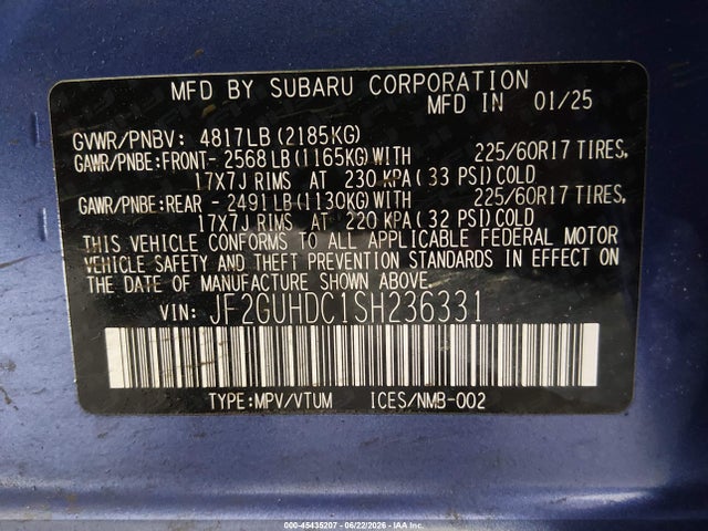 2025 Subaru Crosstrek Premium მანქანა იყიდება აუქციონზე, vin: JF2GUHDC1SH236331, აუქციონის ნომერი: 45435207