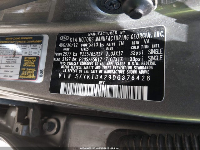 45435210 :رقم المزاد ، 5XYKTDA29DG376428 vin ، 2013 Kia Sorento Lx V6 مزاد بيع