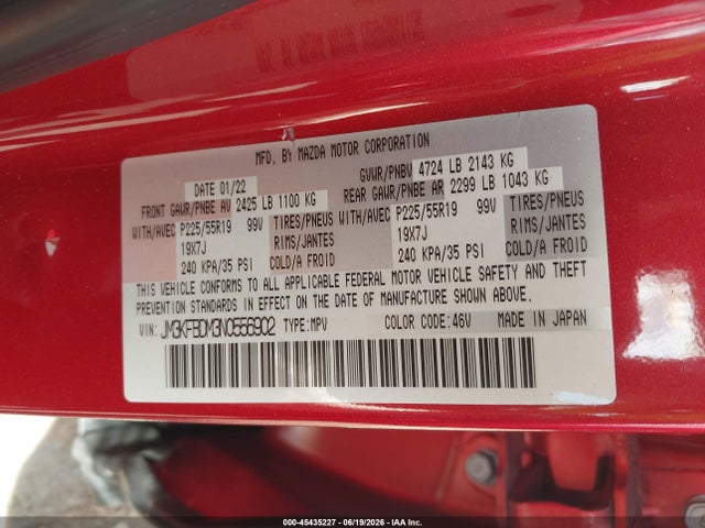45435227 :رقم المزاد ، JM3KFBDM3N0556902 vin ، 2022 Mazda Cx-5 2.5 S Premium مزاد بيع