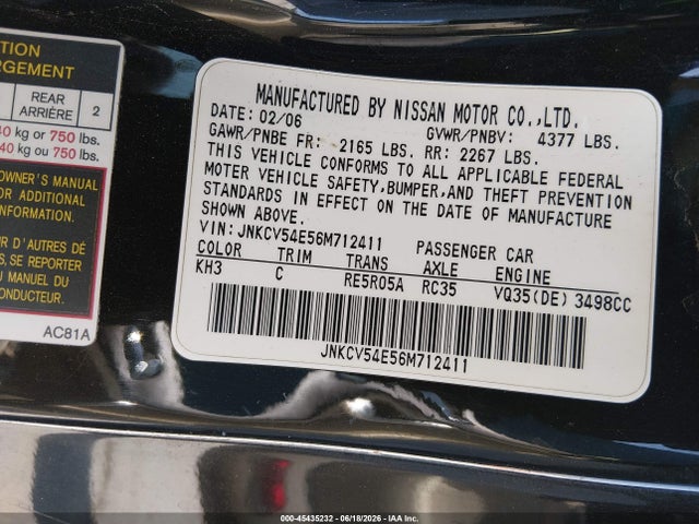 45435232 :رقم المزاد ، JNKCV54E56M712411 vin ، 2006 Infiniti G35 مزاد بيع