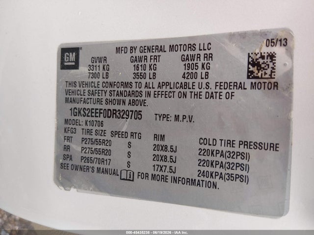 45435238 :رقم المزاد ، 1GKS2EEF0DR329705 vin ، 2013 Gmc Yukon Denali مزاد بيع
