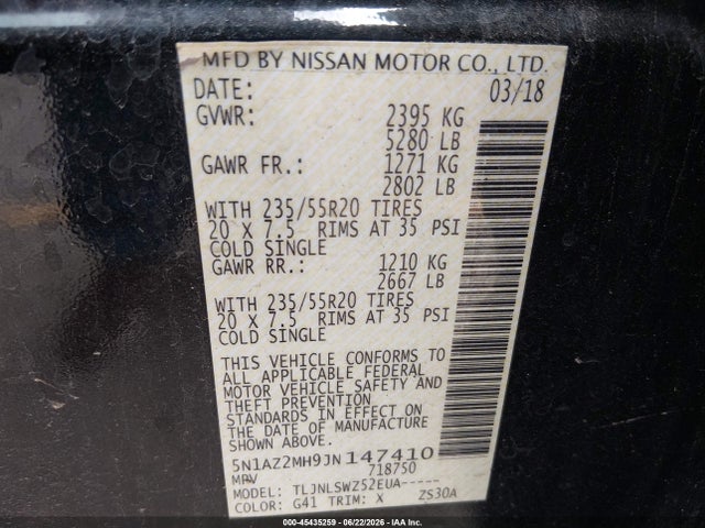 5N1AZ2MH9JN147410 Nissan Murano Platinum
