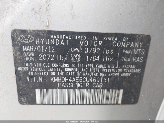 Продажа на аукционе авто 2012 Hyundai Elantra Gls/limited, vin: KMHDH4AE6CU469131, номер лота: 45435264