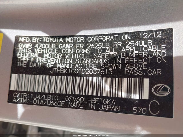45435266 :رقم المزاد ، JTHBK1GG1D2037613 vin ، 2013 Lexus Es 350 مزاد بيع